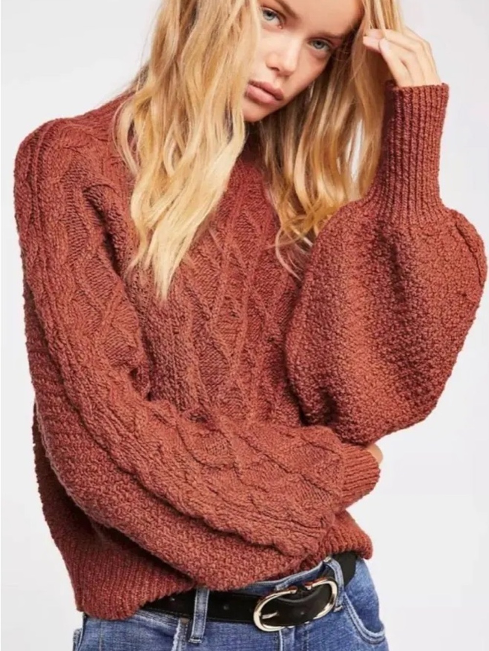 Free People Parfait Chunky Cable-Knit Rust Sweater